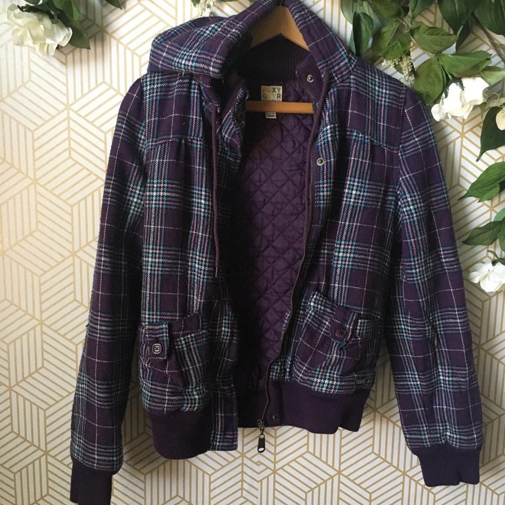 ROXY First Kiss Purple Plaid Hoodie Jacket Small